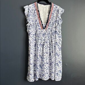 THML Blue and White Dress with Pom & Embroidered Floral Details on V-Neck; lined